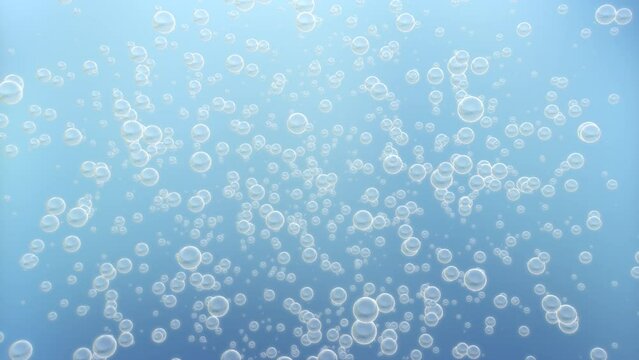 Bubble particles random float moving to camera on blue background with 3d rendering.
