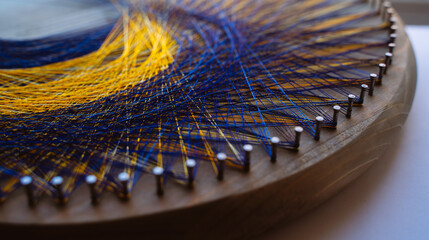 Colored thread mandala on a wooden board with nails. Mandala Moon Harmony Sun esotericism and...