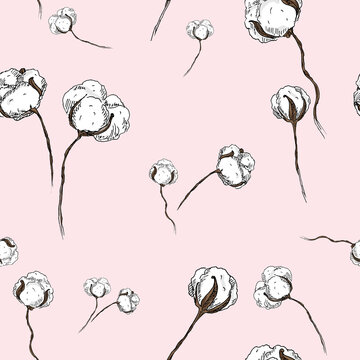 Hand drawn white cotton flowers - seamless pattern on light pink color background