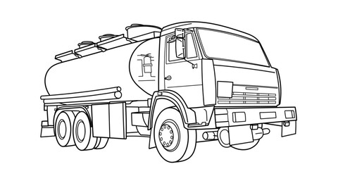 Doodle vector contour, outline tank truck wide angle side and front view. Truck; semitrailer tank. Oil, fuel tanker. Freight, liquid transportation. For coloring book page. Urban cargo transportation