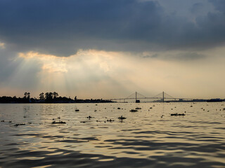 The beautiful sunset on Rach Mieu Bridge - a cable-stayed bridge in the Mekong Delta