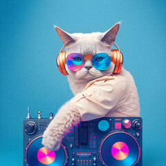 Fototapeta Fashionable portrait of anthropomorphic cute cat dj illustartion, granular texture. obraz
