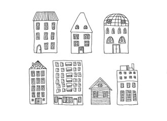 Buildings, houses set hand drawn set - black and white architecture painting isolated on white background