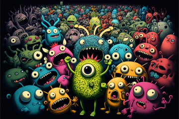 Fototapeta na wymiar Title: Nightmare alien monsters at the concert having fun. Overview of a crowd of monsters screaming and dancing. Generative AI illustration