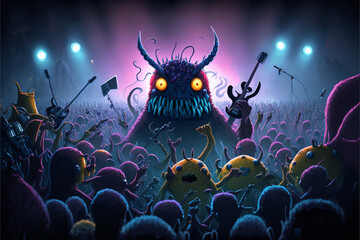 Nightmare alien monsters at the concert having fun. Overview of a crowd of monsters screaming and dancing. Generative AI illustration