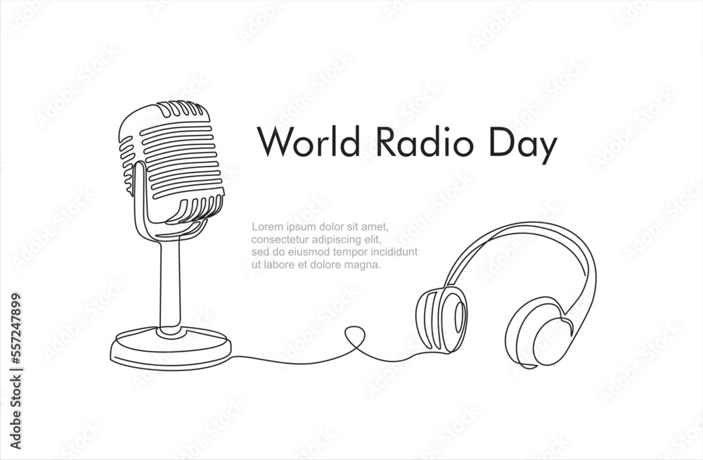 Poster continuous one line drawing of microphone and headphone speaker device gadget. world radio day conce