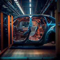 Fototapeta premium Inside a car factory, manufacturing automotive, generative ai