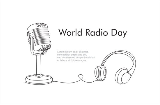 Continuous one line drawing of microphone and headphone speaker device gadget. World radio day concept. Continuous line draw design graphic vector illustration.