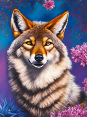 Majestic wolf animal standing proudly against a colorful backdrop. Generative AI