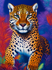 Majestic leopard standing proudly against a colorful backdrop. Generative AI