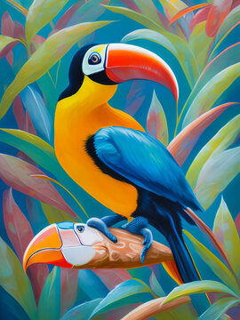 Majestic toucan standing proudly against a colorful backdrop. Generative AI