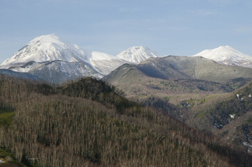Fototapeta premium Shiretoko Mountain Range with Mount Rausu on the left. Hokkaido. Japan.