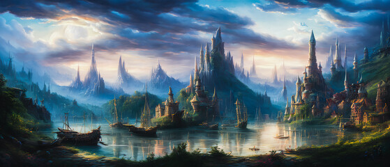 Fototapeta premium Fantastical port city, with towering spires and colorful buildings set against a misty, ethereal backdrop. The scene exudes a sense of magic and wonder. Generative AI