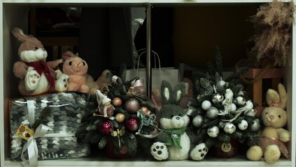 Christmas tree decorated with toys, Christmas card.