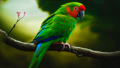 Fototapeta premium Painting of a cute parrot against a background of flowers, Generative AI