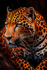 Fototapeta na wymiar Leopard in the jungle. Orange jaguar. Illustration for advertising, cartoons, games, print media. My collection animals.