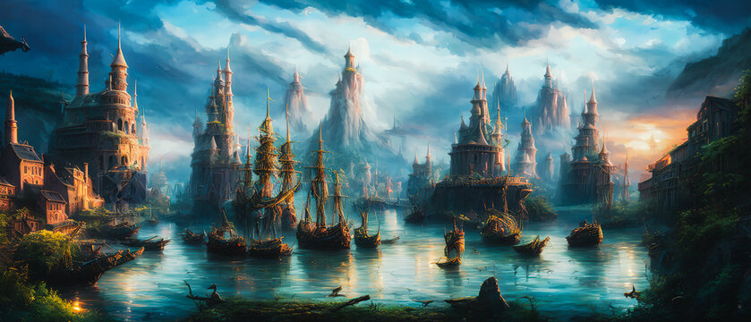 Fantastical port city, with towering spires and colorful buildings set against a misty, ethereal backdrop. The scene exudes a sense of magic and wonder. Generative AI