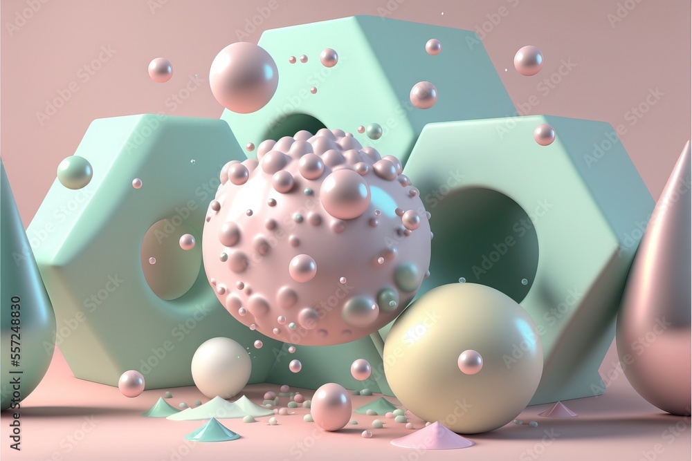 Poster a bunch of balls and bubbles are in a 3d image with a pink background and a blue and green object., 