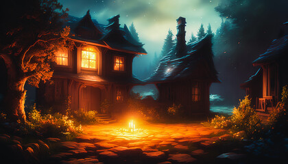 Obraz premium Wooden cottage, surrounded by a peaceful, serene Japanese-style garden, bathed in the soft glow of moonlight. Generative AI