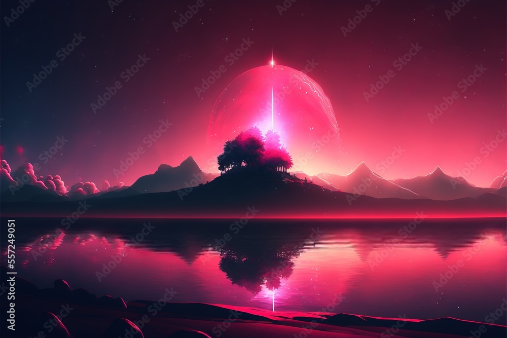 Aufkleber a pink sky with a mountain and a lake in the foreground and a star in the background with a bright p