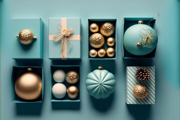 Gift boxes with Christmas decorations on blue background Front view