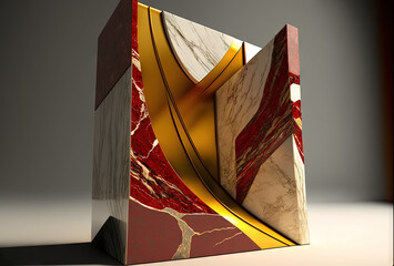 Objet 3D en agate de marbre rouge, or et blanc
