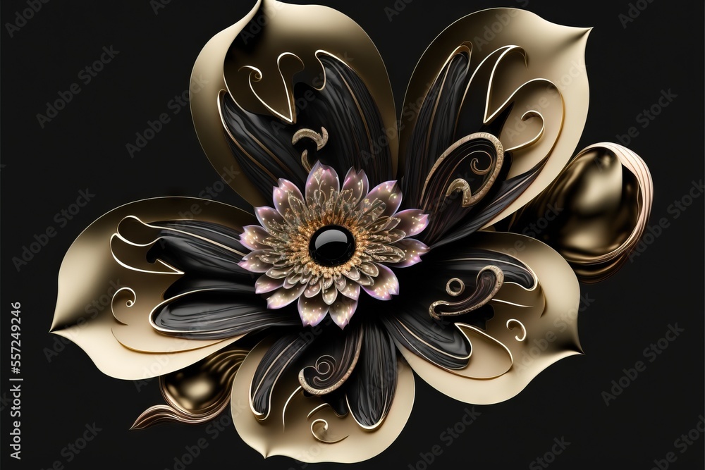 Poster a computer generated image of a flower with a black background and gold accents on the petals and pe