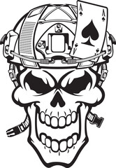 Grinning skull wearing military helmet with attached ace of spades card