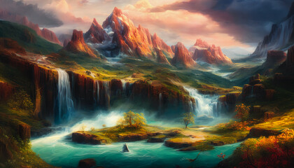 Fototapeta na wymiar Majestic painting of a waterfall landscape, Generative AI