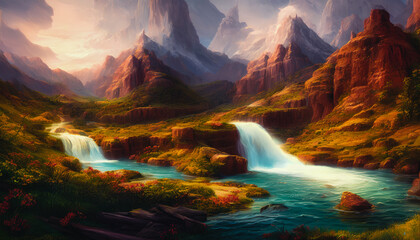 Fototapeta premium Majestic painting of a waterfall landscape, Generative AI