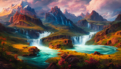 Fototapeta premium Majestic painting of a waterfall landscape, Generative AI