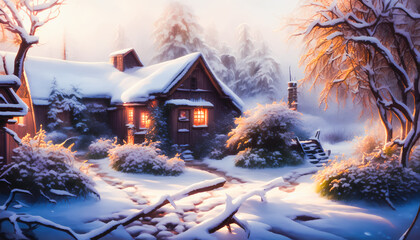 Majestic winter garden, blanketed in a layer of sparkling snow, that stretches out in front of a quaint wooden cottage. The stark white of the snow is contrasted by the warm, Generative AI