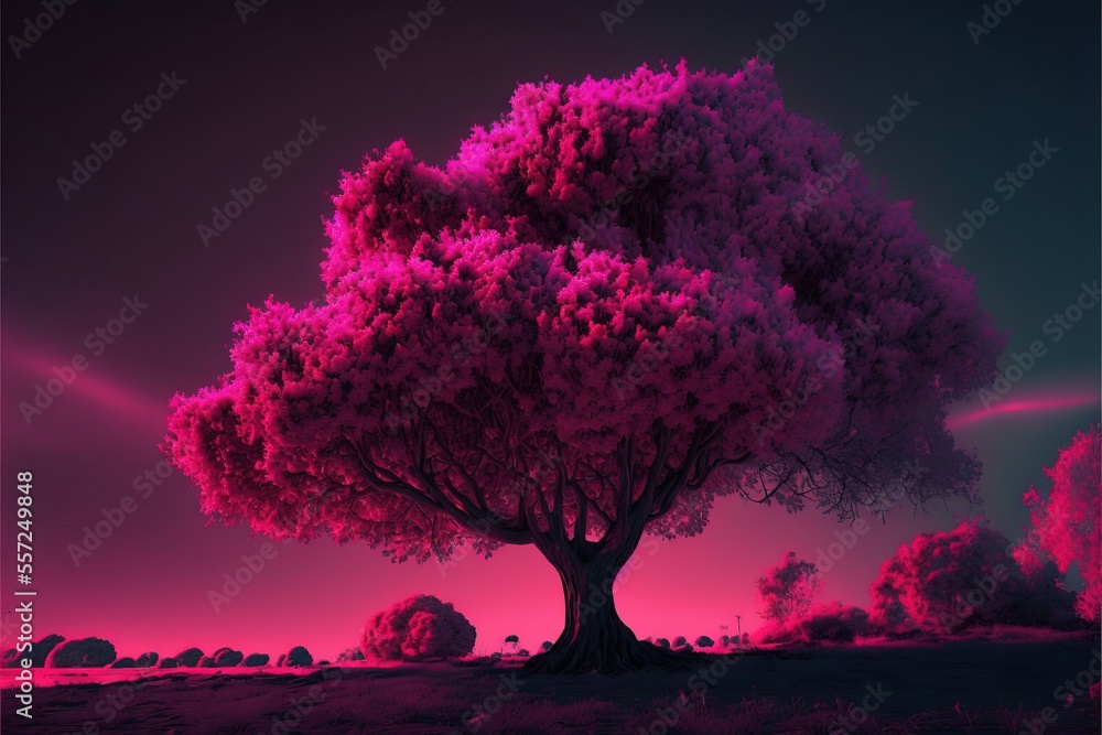 Poster a tree with a pink sky in the background and a pink sky in the foreground with a pink sky., generati