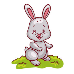 Funny bunny. Cute cartoon rabbit on grass. Vector Easter illustration.