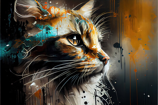 Painting Of Cat, Kitten. Digital Abstract Cat Portrait Art,generative Ai