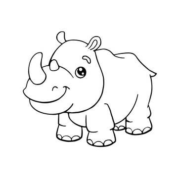 Cute cartoon rhinoceros. Coloring page with funny rhino. Vector animal line illustration.