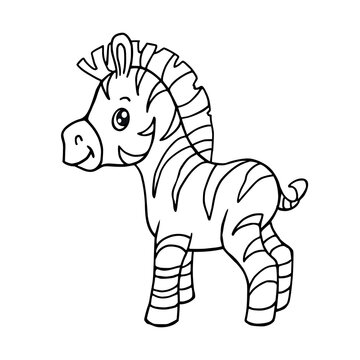 Coloring page with cute cartoon zebra. Vector illustrations of line animal drawing.  