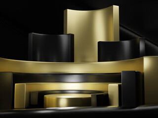 3D rendering of a template of podium for the product inside an abstract figure in the form of parts of a cylinder in metallic; gold; black
