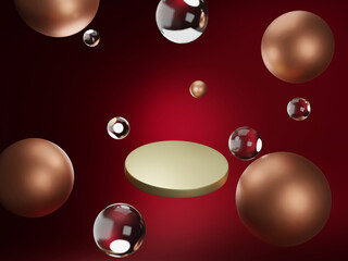 3d render stand on a red background, design template for a product, illustration of a pedestal with bronze and folded spheres around