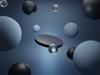 3d render stand on a  blue background, design template for a product, illustration of a pedestal with blue and dark spheres around
