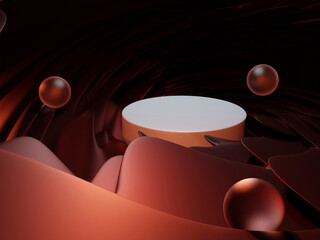 3d render illustration of a stand at the center of the wave around red with matte spheres