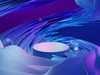 3d render illustration of a stand at the center of the  blue wave around with matte spheres