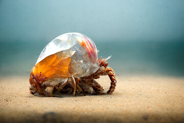 Hermit crab wearing a glass shell walking on the beach
generative ai