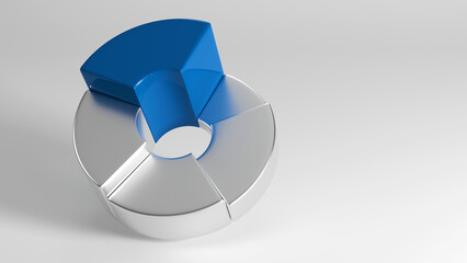 abstract metallic pie donut chart with four white metallic parts and a blue part for business design, infographic, reports, 3D rendering
