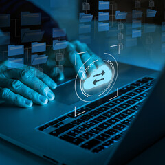 Businessman working on virtual screen with digital documents. Manage online documentation database.
