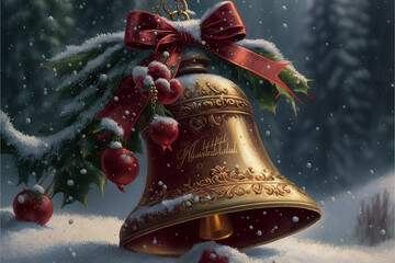 Christmas jingle bells, golden with red ribbon, red fruits, and snow. Digital painting style, digital art illustration.