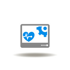 Vector illustration of computer monitor with heart pulse and gear wheel. Icon of medical display patient health control. Symbol of medicine computer. Sign of MDR.