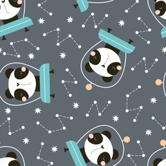 seamless pattern with cartoon panda in space, stars, decor elements. Colorful vector for kids, flat style, hand drawing. baby design for fabric, print, nursery wallpaper, textile