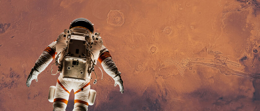 astronaute dans une combinaison de dos avec la plan&egrave;te mars en arri&egrave;re plan - rendu 3D - texture fournies par la NASA - astronaute g&eacute;n&eacute;r&eacute; par IA