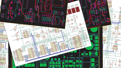 Schematic background.
Drawings of electronic device. Design documentation.
Vector electrical schematic diagram of an digital electronic device.
Conductor tracing. Placement of components on the board.